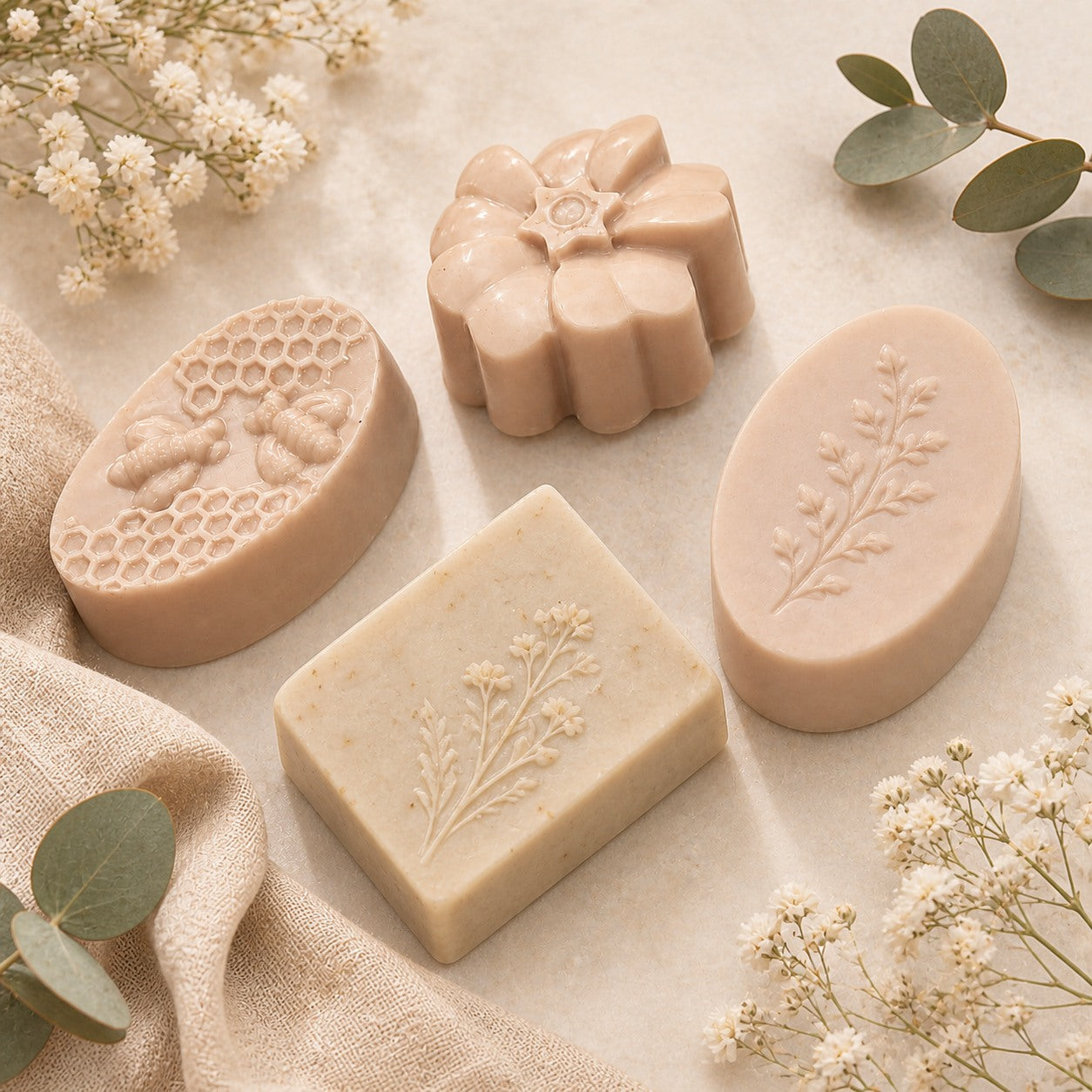 YM Luxe handmade artisan soaps with botanical details
